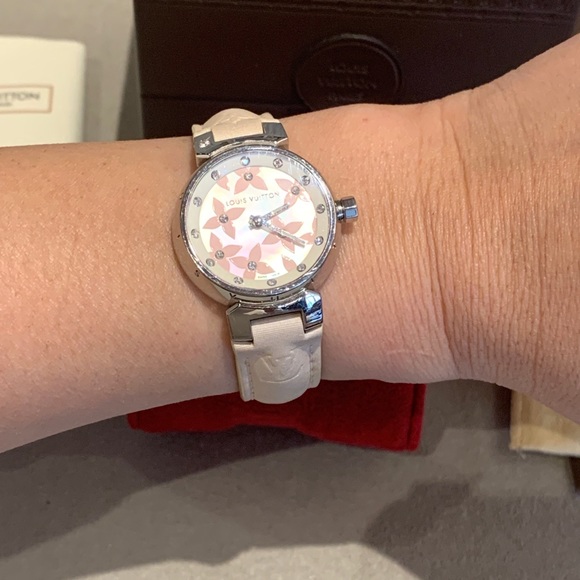 Authentic LOUIS VUITTON Tambour Pink with Diamonds Quartz Leather Ladies Watch - Picture 5 of 8